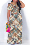 Casual Plaid Striped Print Contrast O Neck Short Sleeve Two Pieces