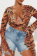 Sexy Leopard Print Patchwork Ruched Deep V Neck Tops