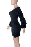 Sexy Solid Color Patchwork Ruched Zipper V Neck Wrapped Skirt Dresses