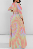 Elegant Tie Dye Print Lace Up O Neck Printed Plus Size Dresses
