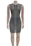 Sexy Fringed Trim Patchwork Hot Drill O Neck Wrapped Skirt Dresses