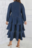 Elegant Solid Color Buckle Patchwork Turndown Collar A Line Plus Size Dresses