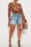 Sexy Leopard Print Patchwork Ruched Deep V Neck Tops