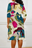 Elegant Floral Print Lace Up Contrast V Neck Printed Plus Size Dresses