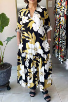 Elegant Print Pocket Patchwork Turndown Collar Long Dresses