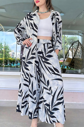 Casual Print Pocket Buckle Patchwork Turndown Collar Long Sleeve Two Pieces