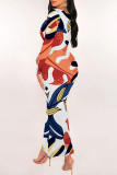 Elegant Geometric Print Polka Dot Leaf Print Contrast U Neck One Step Skirt Dresses