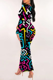 Elegant Geometric Print Polka Dot Leaf Print Contrast U Neck One Step Skirt Dresses