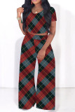 Casual Plaid Striped Print Contrast O Neck Short Sleeve Two Pieces
