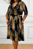 Elegant Floral Print Lace Up Contrast V Neck Printed Plus Size Dresses