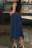 Casual Solid Color Fringed Trim Buttons Patchwork Zipper Straight Plus Size 