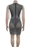 Sexy Fringed Trim Patchwork Hot Drill O Neck Wrapped Skirt Dresses