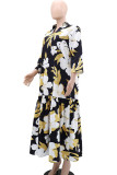 Elegant Print Pocket Patchwork Turndown Collar Long Dresses