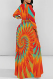 Elegant Tie Dye Print Lace Up O Neck Printed Plus Size Dresses