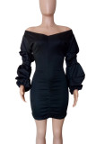 Sexy Solid Color Patchwork Ruched Zipper V Neck Wrapped Skirt Dresses