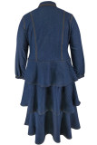 Elegant Solid Color Buckle Patchwork Turndown Collar A Line Plus Size Dresses