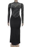 Elegant Patchwork Slit Hot Drill Zipper O Neck Long Dresses