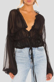 Sexy Solid Color Patchwork See-Through Ruched Strap Design V Neck Tops