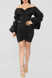 Sexy Solid Color Patchwork Ruched Zipper V Neck Wrapped Skirt Dresses