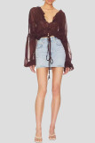 Sexy Solid Color Patchwork See-Through Ruched Strap Design V Neck Tops