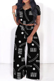 Casual Plaid Geometric Print Contrast O Neck Short Sleeve Two Pieces