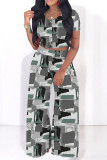 Casual Plaid Geometric Print Contrast O Neck Short Sleeve Two Pieces