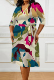 Elegant Floral Print Lace Up Contrast V Neck Printed Plus Size Dresses
