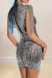 Sexy Fringed Trim Patchwork Hot Drill O Neck Wrapped Skirt Dresses
