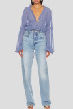 Sexy Solid Color Patchwork See-Through Ruched Strap Design V Neck Tops