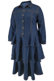 Elegant Solid Color Buckle Patchwork Turndown Collar A Line Plus Size Dresses