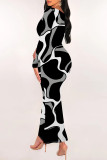 Elegant Geometric Print Contrast U Neck One Step Skirt Dresses