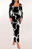 Elegant Geometric Print Contrast U Neck One Step Skirt Dresses