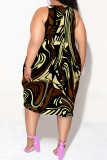 Casual Geometric Print Camouflage Print Contrast V Neck Lantern Skirt Plus Size Dresses