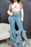 Street Solid Color Pocket Buttons Patchwork Slit Zipper High Waist Boot Cut Denim Jeans