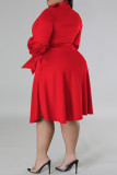 Elegant Solid Color Patchwork Strap Design Asymmetrical Collar A Line Plus Size Dresses