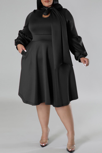Elegant Solid Color Patchwork Strap Design Asymmetrical Collar A Line Plus Size Dresses
