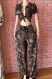 Casual Camouflage Print Fringed Trim Draw String Pocket Patchwork V Neck Short Sleeve Two Pieces