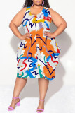Casual Floral Print Camouflage Print Contrast V Neck Lantern Skirt Plus Size Dresses