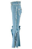 Street Solid Color Pocket Buttons Patchwork Slit Zipper High Waist Boot Cut Denim Jeans