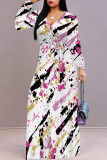 Elegant Geometric Print Lace Up Contrast V Neck Printed Dresses