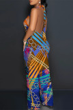 Casual Gradient Chain print Lace Up Backless Contrast Halter Loose Jumpsuits