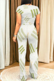 Casual Geometric Print Pocket Contrast O Neck Short Sleeve Two Pieces