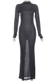 Elegant Solid Color Patchwork Half A Turtleneck Long Dresses