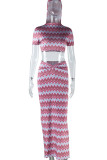 Elegant Print Patchwork Ruched O Neck Short Sleeve Two Pieces