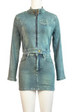 Street Solid Color Pocket Buttons Patchwork Zipper Mandarin Collar Long Sleeve Two Pieces