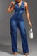 Street Solid Color Pocket Buckle Patchwork Turndown Collar Sleeveless Regular Denim Jumpsuits