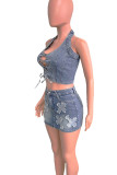 Street Pocket Buttons Patchwork Cross Straps Zipper U Neck Sleeveless Two Pieces
