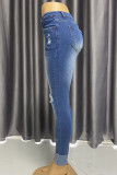 Street Solid Color Ripped Buttons Patchwork Zipper High Waist Regular Denim Jeans