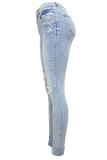 Street Solid Color Ripped Buttons Patchwork Zipper High Waist Regular Denim Jeans