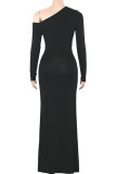Elegant Solid Color Patchwork Oblique Collar Long Dresses